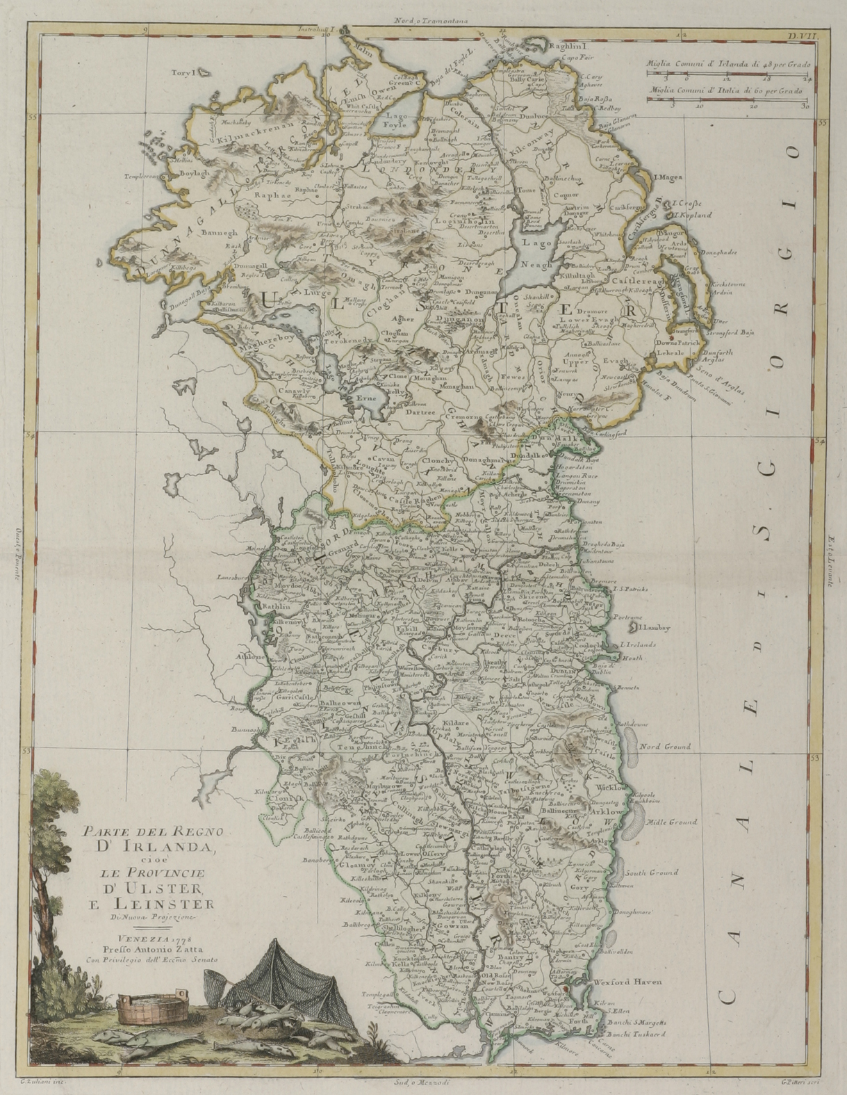 Parte del Regno d Irlanda cioe le Provincie d Ulster, E Leinster. - Antique Print from 1779