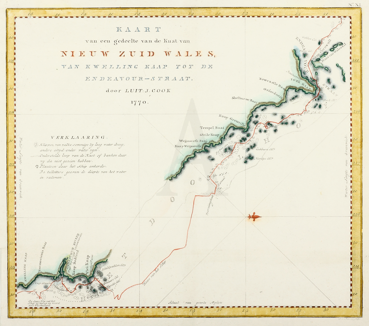Kaart van een gedeelte van de Kust van Nieuw Zuid Wales, van kwelling Kaap tot de Endeavour-Straat. door Luit: J.Cook 1770. - Antique Print from 1784