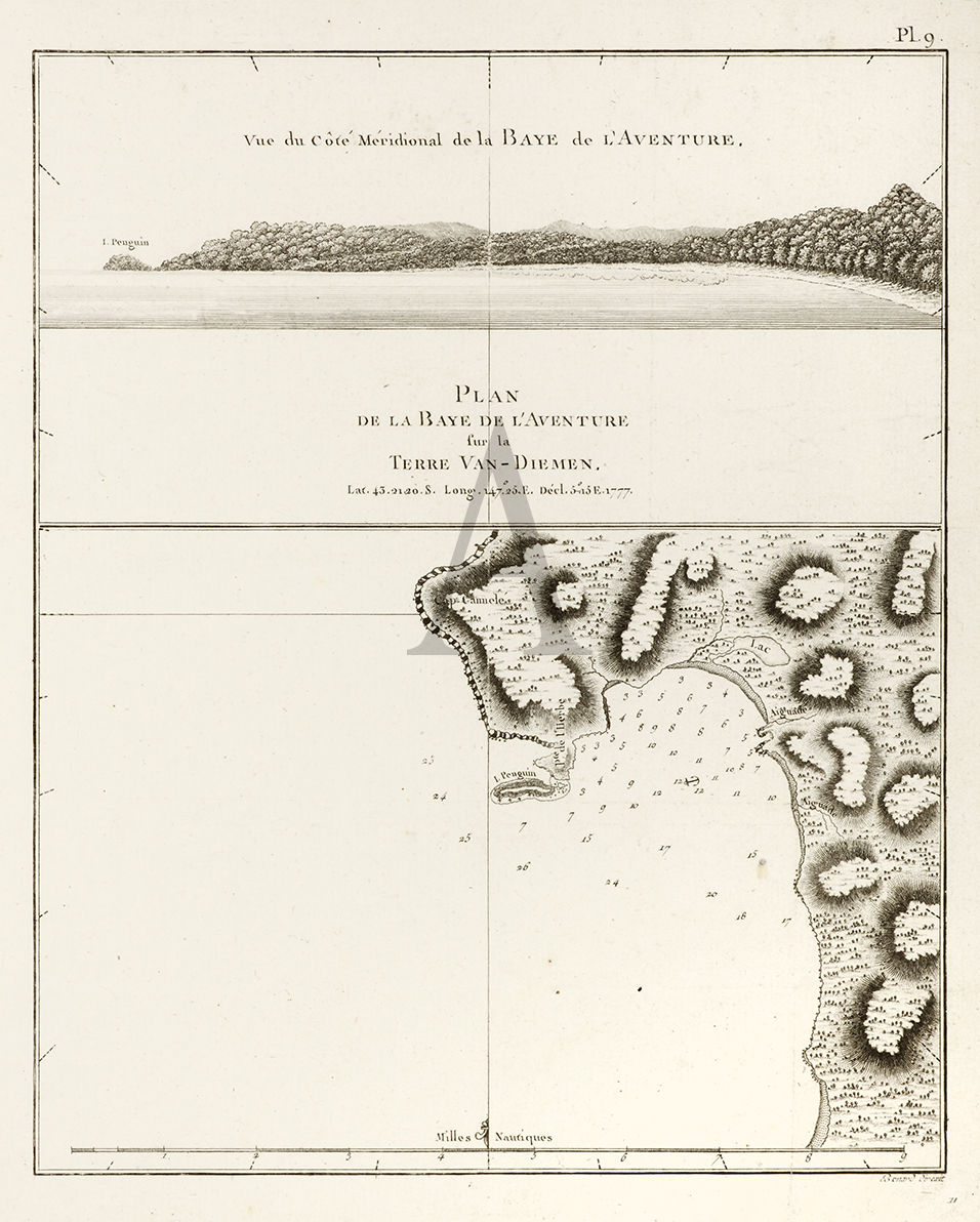 Vue du Cote Meridional de la Baye de L'Aventure. Plan de Baye de L'Adventure for la Terre Van-Diemen. - Antique Print from 1785