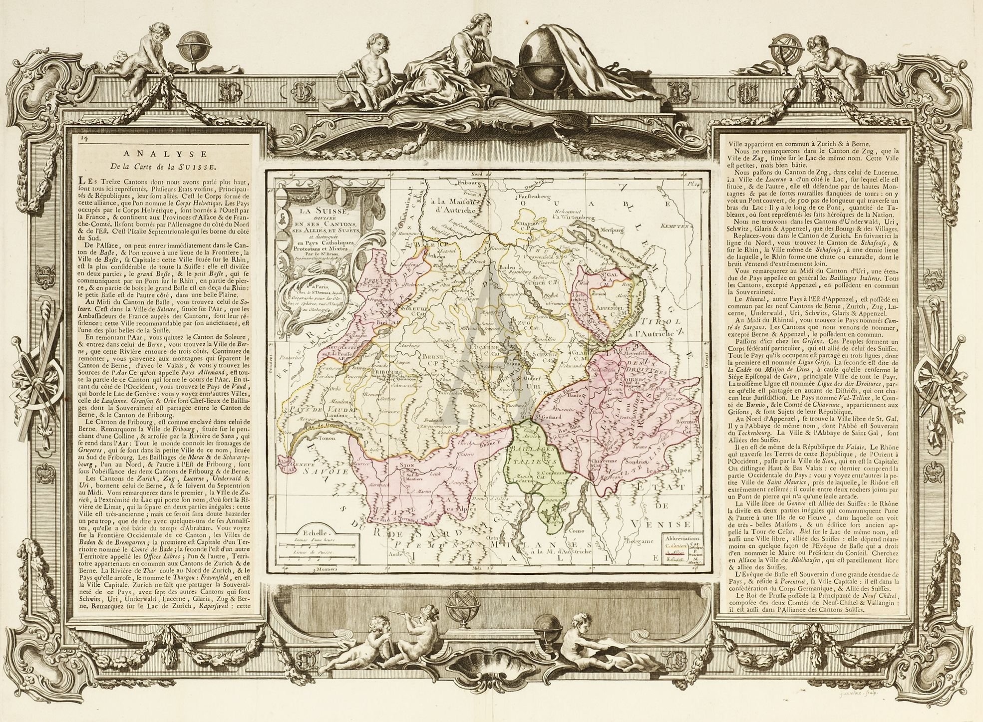 La Suisse, divisee en ses Cantons, ses Allies, et Sujets - Antique Print from 1766