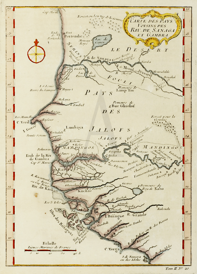 Carte Des Pays Voisins Des Riv De Sanaga et Gambra. - Antique Print from 1764