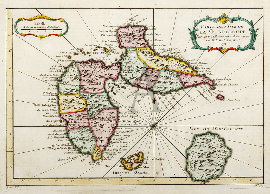 Carte de L'Isle La Guadeloupe - Antique Print from 1758