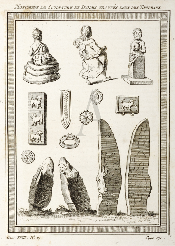 Monumens De Sculpture Et Idoles Trouves Dans Les Tombeaux. - Antique Print from 1748