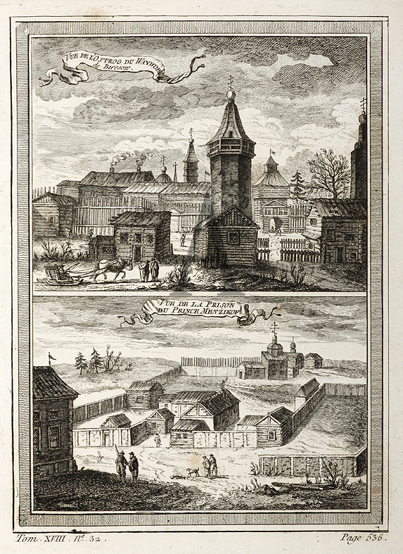 Vue De L'Ostrog Du Waywode de Beresow. Vue De La Prison Du Prince Menzikof. - Antique Print from 1748