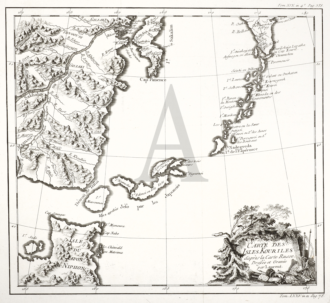 Carte des Isles Kouriles dapres la Carte Russe Drefee et Gravee - Antique Print from 1758