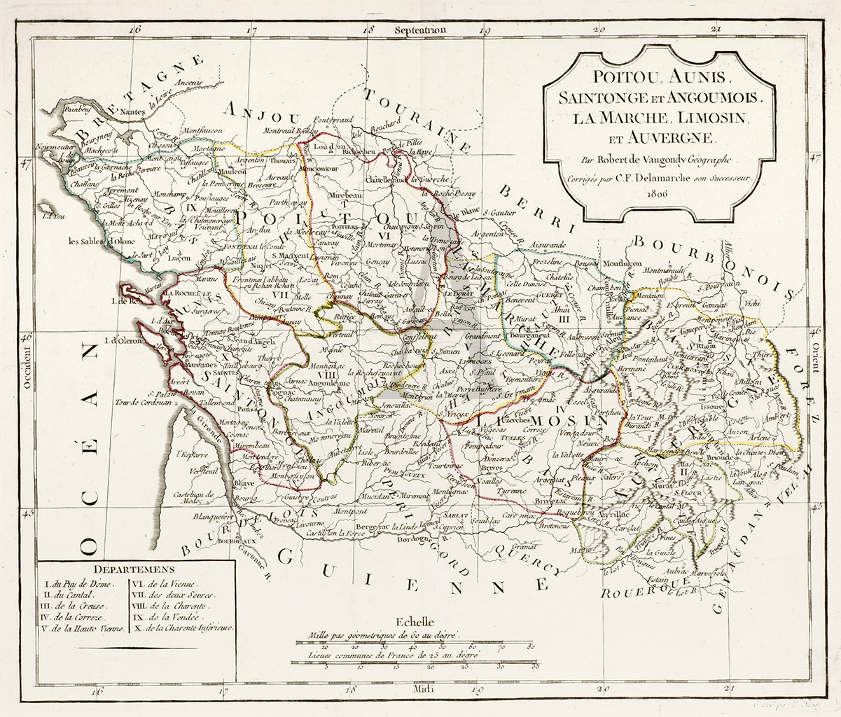 Poitou, Aunis, Saintonge et Angoumois, La Marche, Limosin, et Auvergne. - Antique Print from 1806
