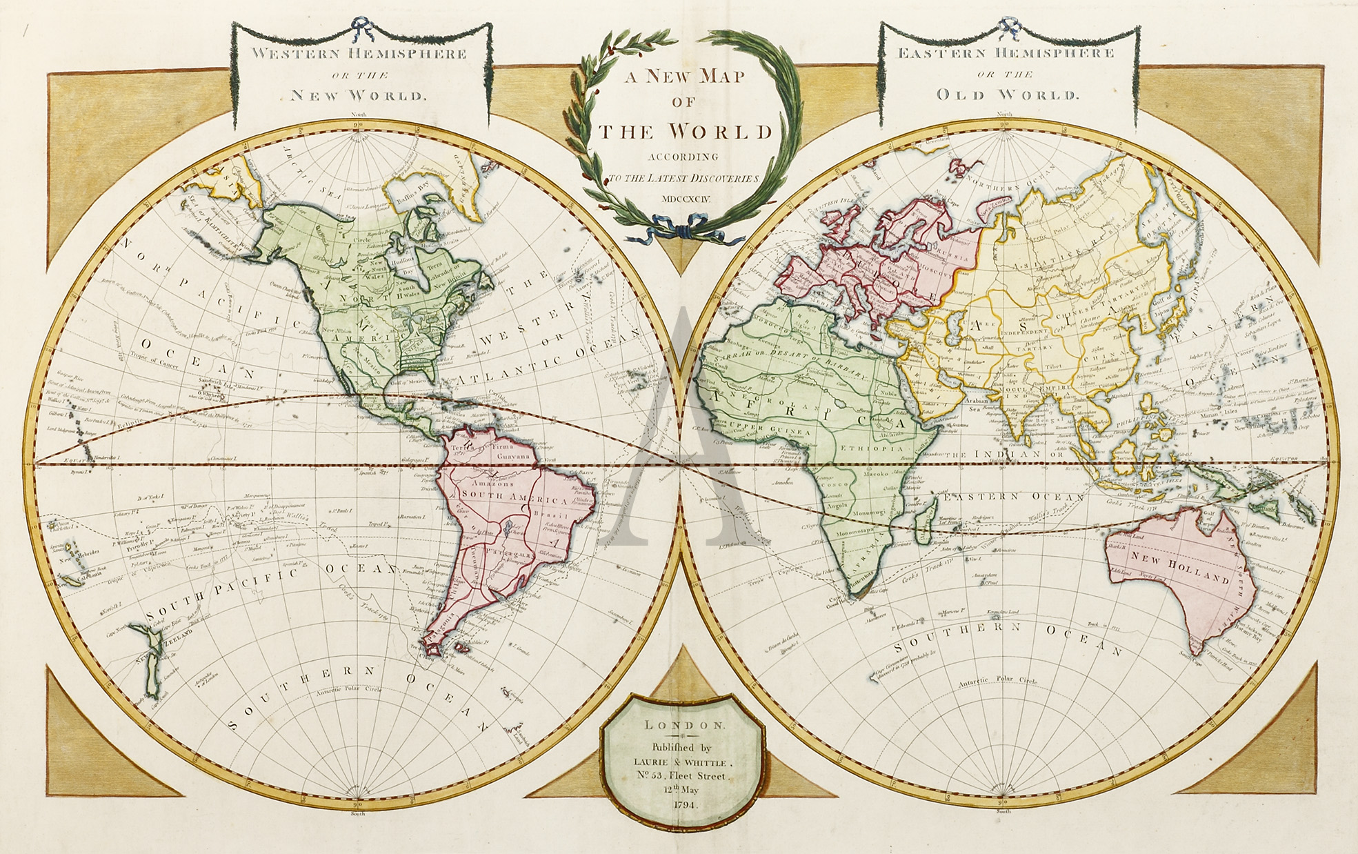 A New Map of the World According to the Latest Discoveries MCCXCIV. - Antique Print from 1794
