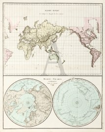 Mappe-monde pour indiquer la charpente des deux continents; Regions polaires comparees d’apres les derniers voyages. WORLD MAPS Mappe-monde pour indiquer la charpente des deux continents; Regions polaires comparees d'apres les derniers voyages.