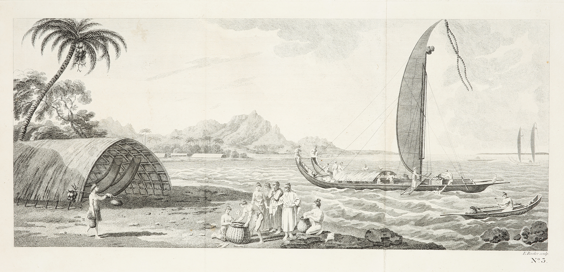 [A View of the Island of Ulietea, with a double canoe and a boathouse.] - Antique View from 1773