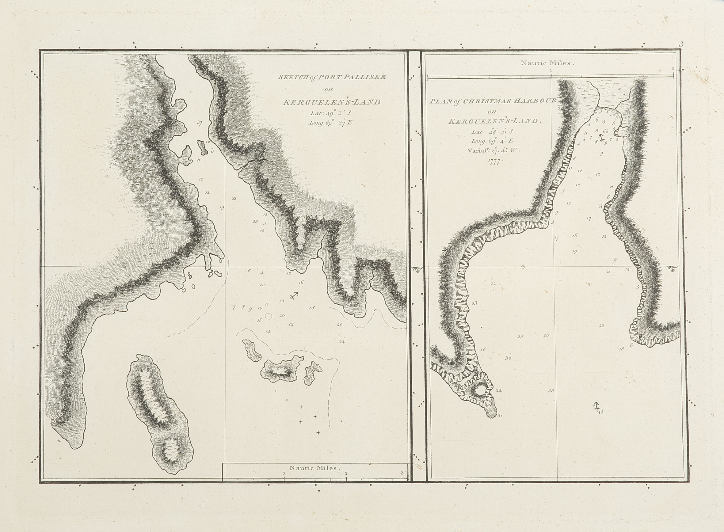 Sketch of Port Palliser on Kerguelen's Land Lat: 49°.3' S, Long.69° 37' E.  Plan of Christmas Harbour on Kerguelen's Land Lat: 48°.41' S, Long.69° 4 Variat.n.27° 45° W. 1777.' E - Antique Map from 1784