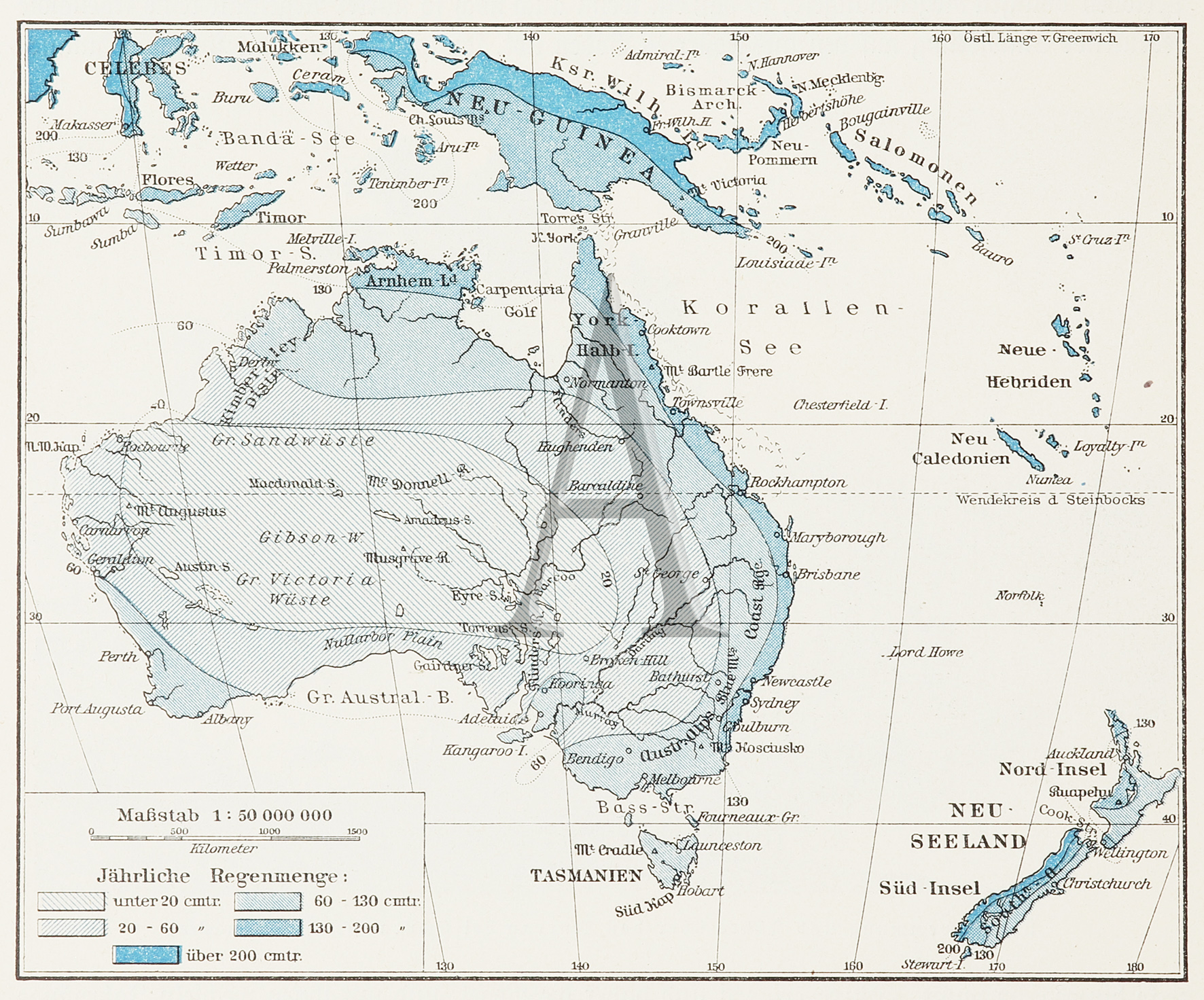 Karte der Regenverteilung in Australien und Neuseeland - Antique Print from 1887