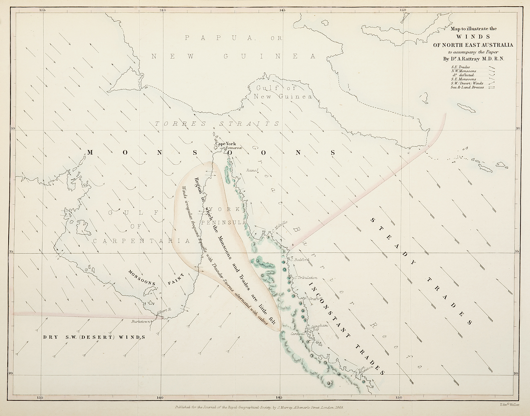 Map to Illustrate the Winds of North East Australia to accompany the Paper By Dr. A. Rattray M.D.R.N. - Antique Map from 1868