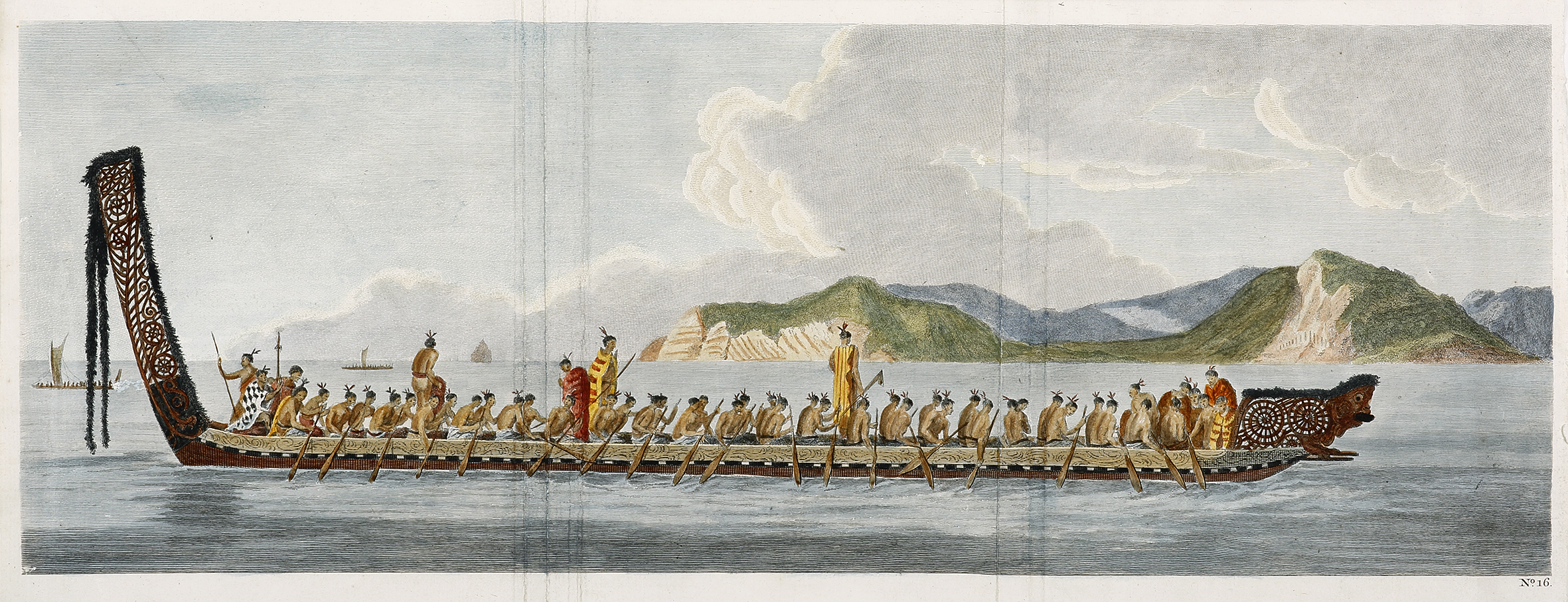 [A War Canoe of New Zealand with a view of Gable End Foreland.] - Antique View from 1773