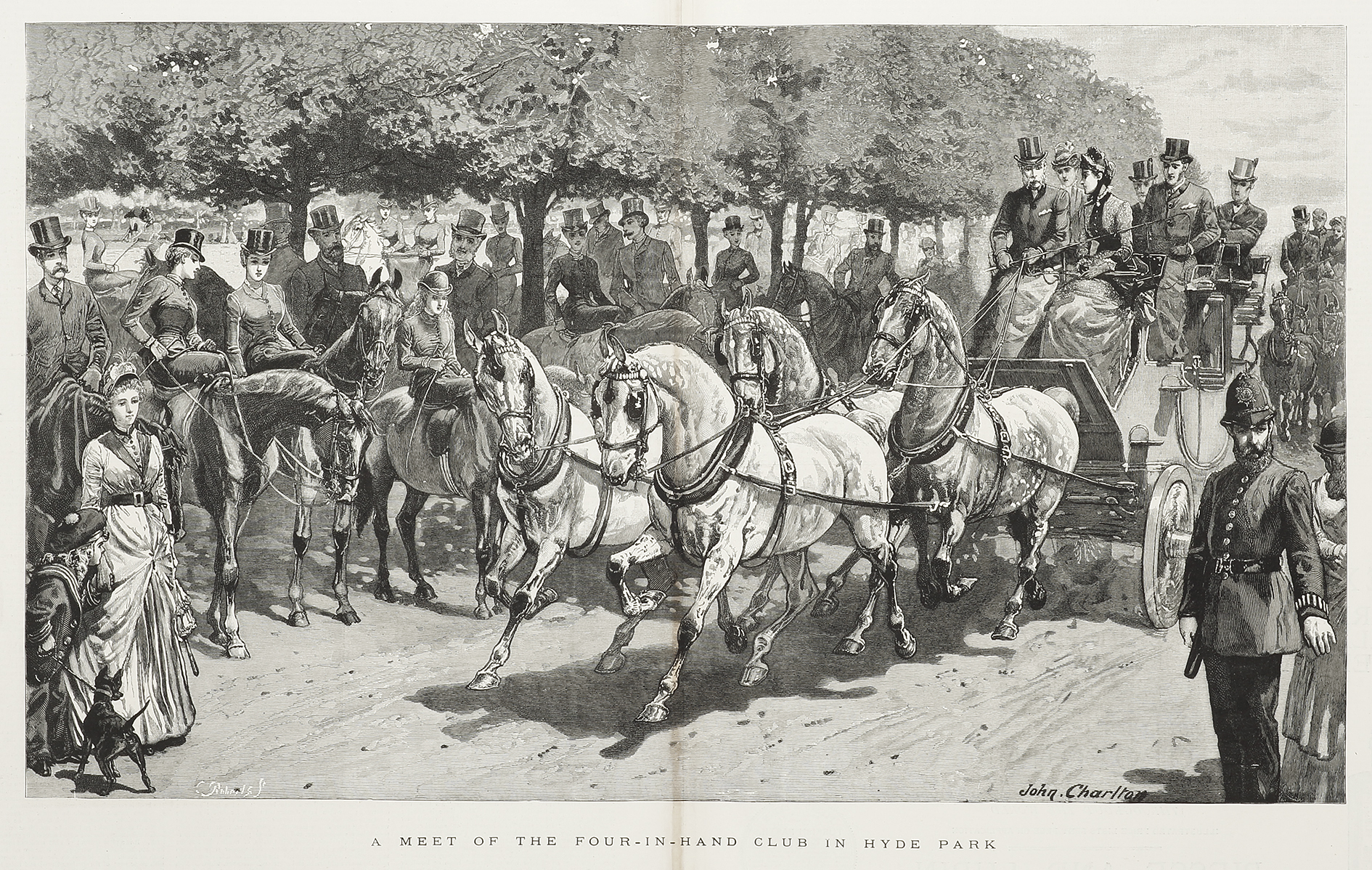 A meet of the four-in-hand club in Hyde Park. - Antique Print from 1887
