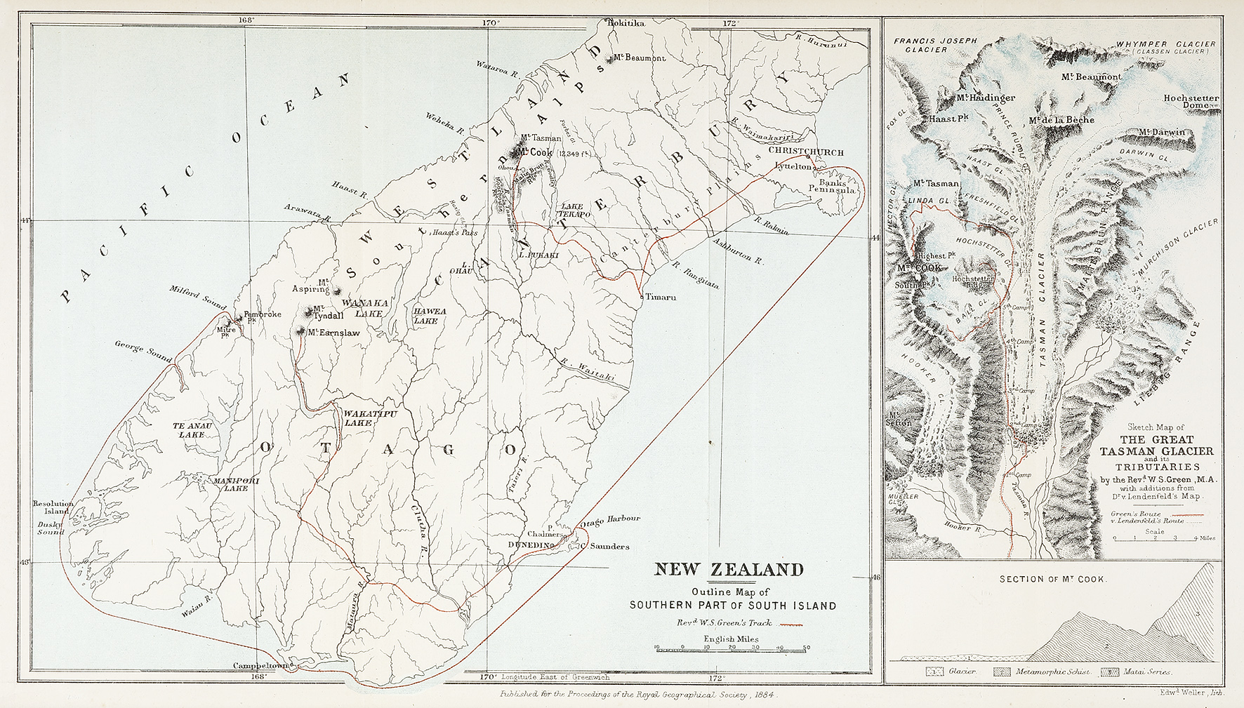 New Zealand. Outline Map of Southern Part of South Island. - Antique Map from 1884