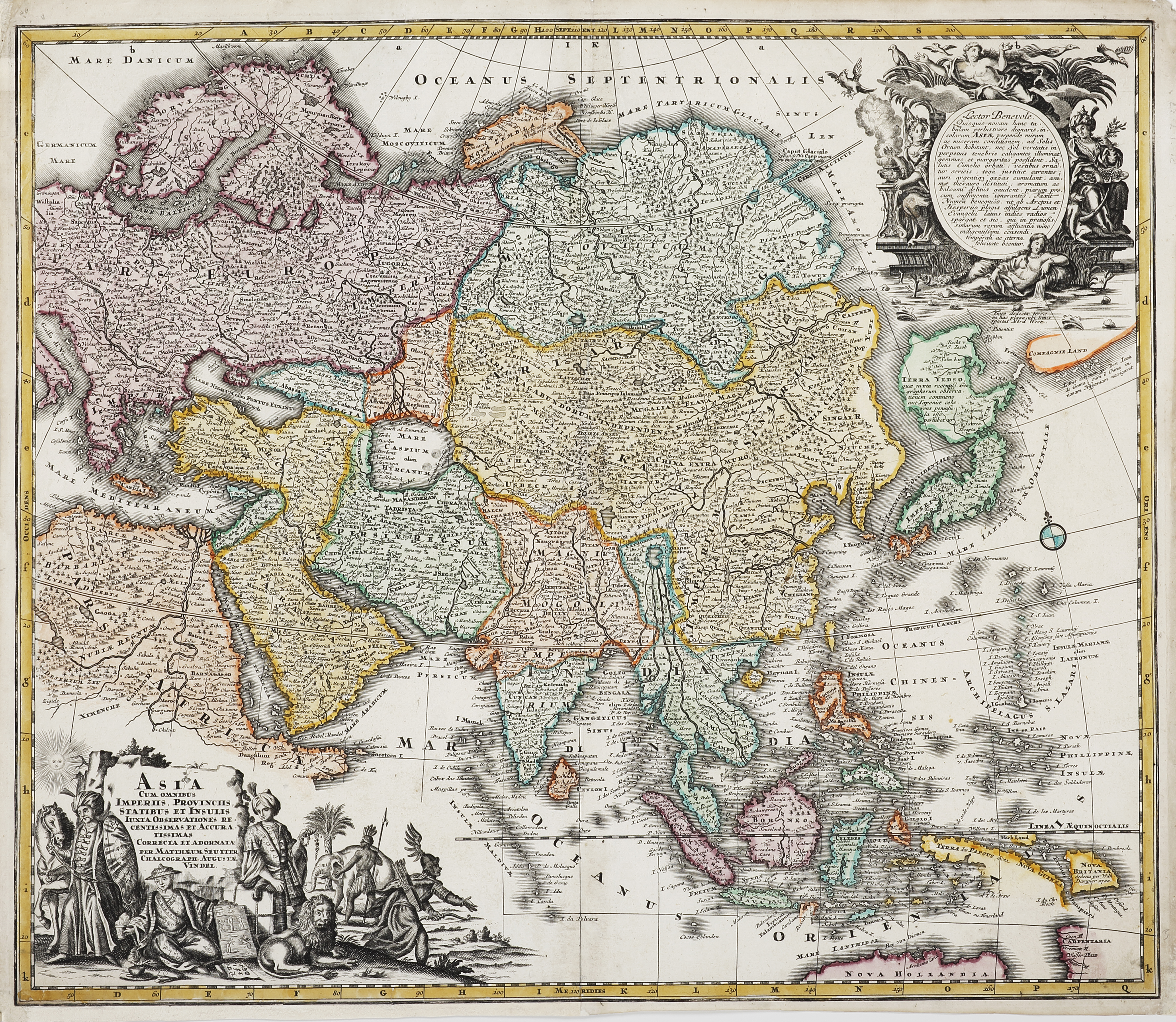 Asia cum Omnibus Imperiis, Provinciis, Statibus et Accura Tissimas Correcta et Adornata Tissimas.... - Antique Map from 1730