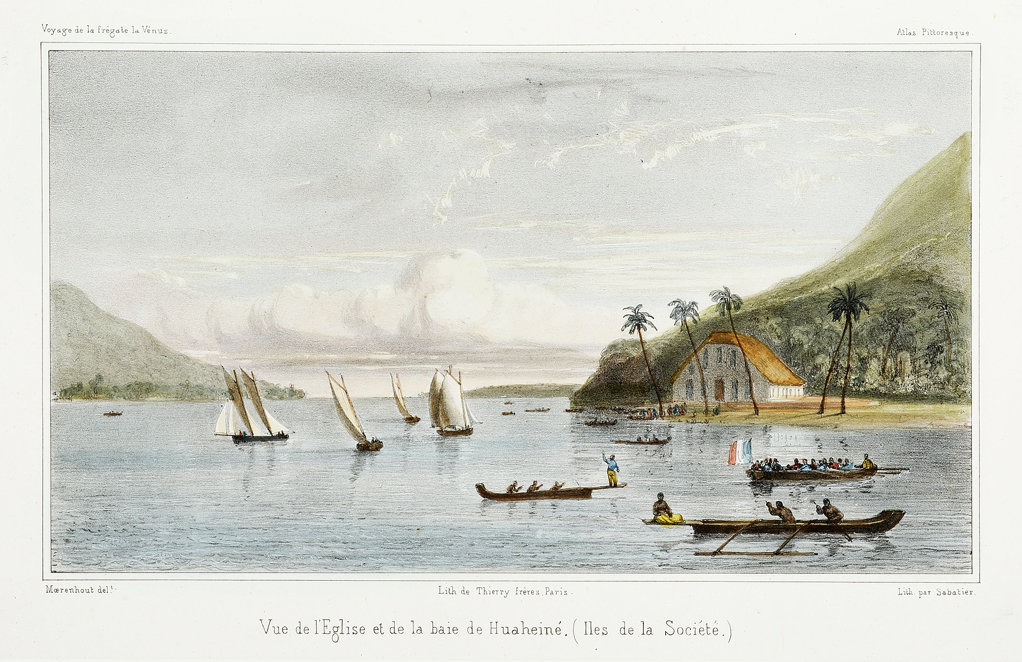 Vue de L'Eglise et de la baie de Huaheine. (Iles de la Societe) - Antique View from 1841