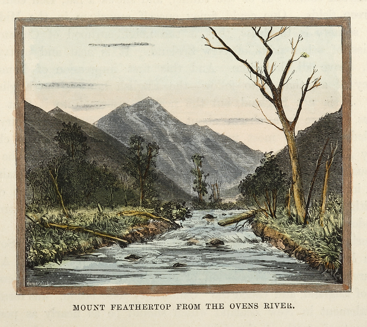 Mount Feathertop from the Ovens River. - Antique Print from 1887