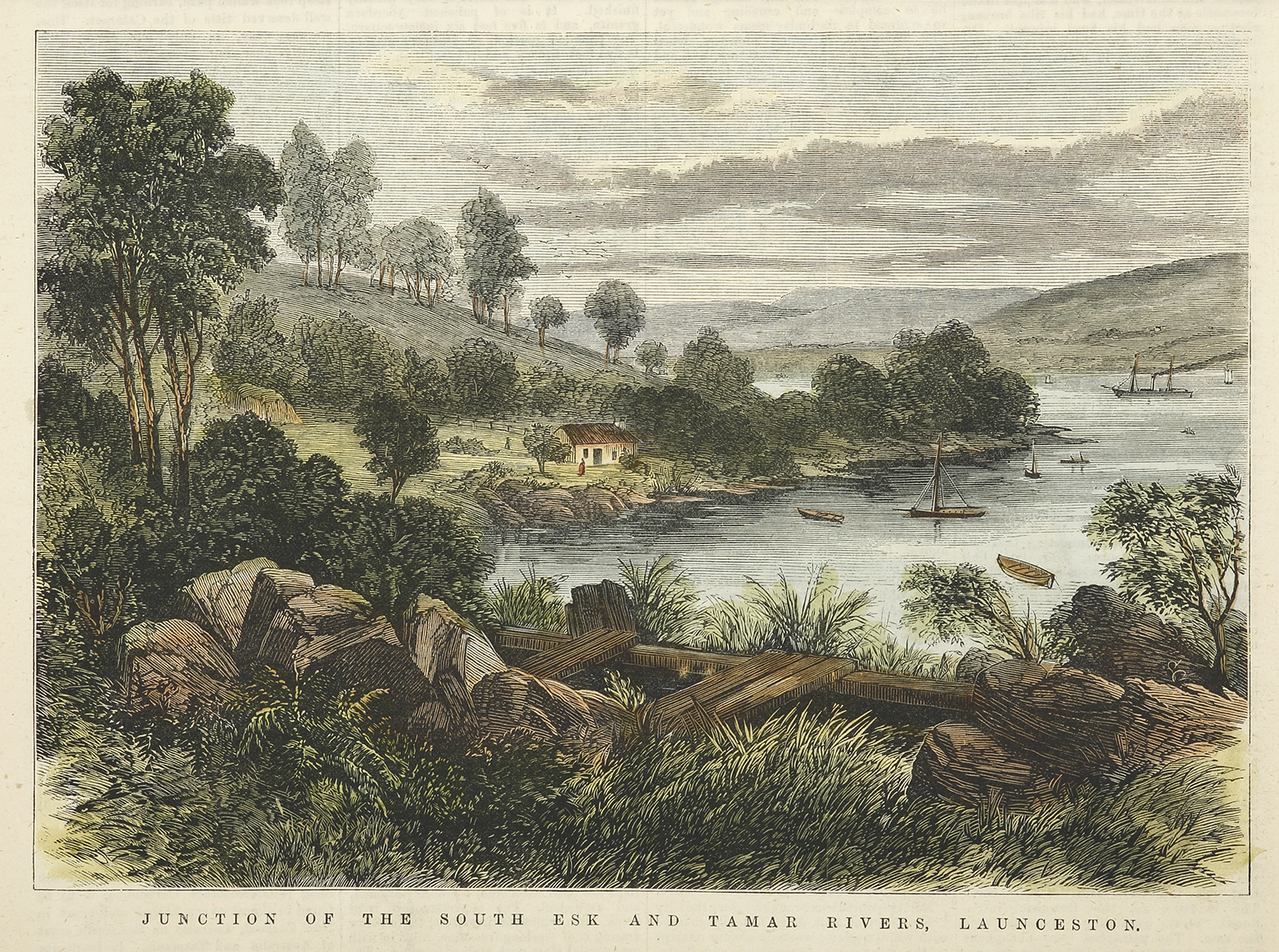 Junction of the South Esk and Tamar Rivers, Launceston. - Antique View from 1876