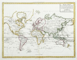 Mappe-monde suivant la projection des cartes reduites, ou l'on a trace les routes de Mr. de Bougainville, et les deux derniere voyages du Capitaine Cook