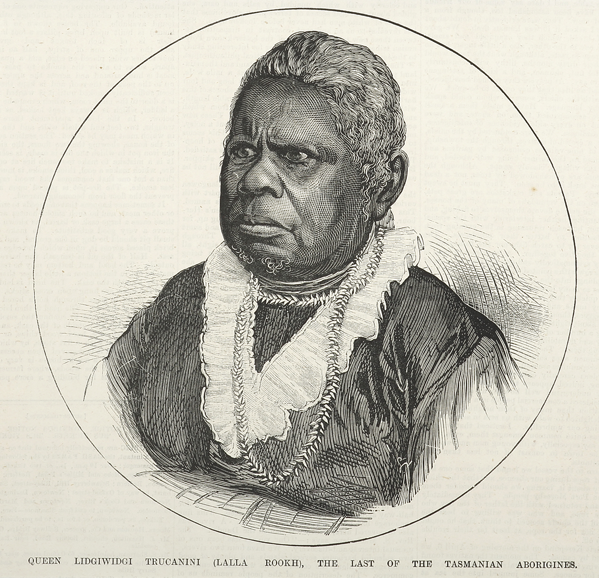Queen Lidgiwidgi Trucanini (Lalla Rookh), the Last… First Nations History Queen Lidgiwidgi Trucanini (Lalla Rookh), the Last of the Tasmanian Aborigines. - Antique Print from 1876