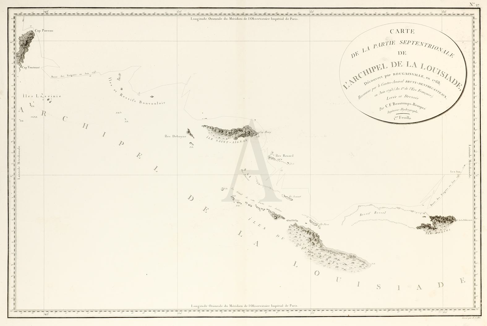 Carte de la partie septentrionale de l'archipel de la Louisiade, decouvert par Bougainville, en 1768; reconnue par le contre-amiral Bruny-Dentrecasteaux, en juin 1793 - Antique Print from 1807