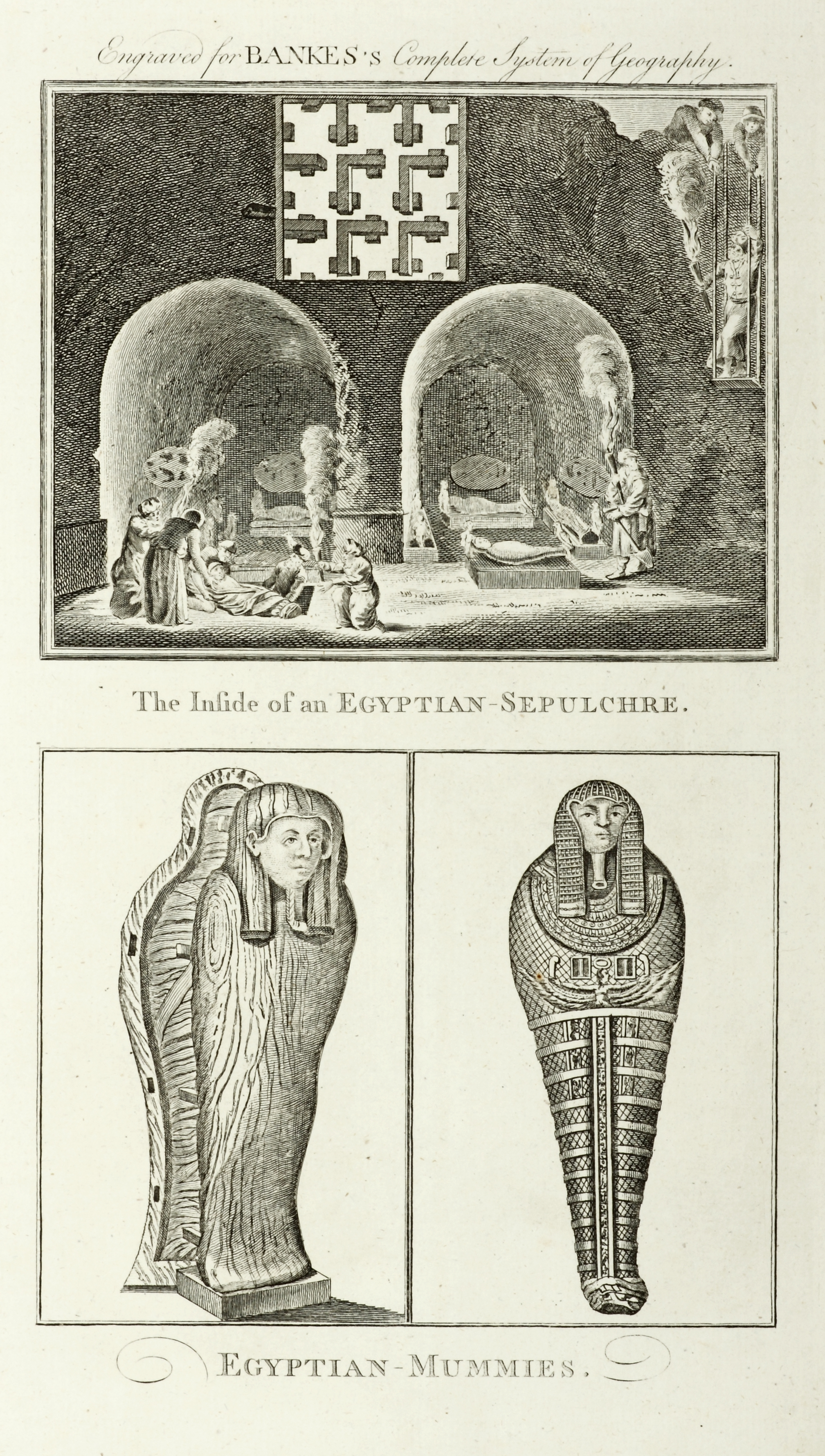 The Inside of an Egyption-Sepulchre. Egyptian-Mummies. - Antique Print from 1800