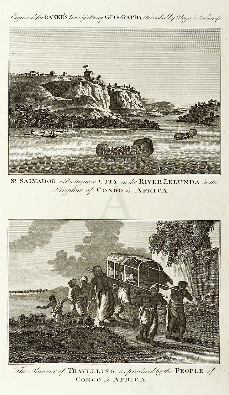 St. Salvador, a Portugese City on the River Lelunda in the Kingdom of Congo in Africa. The Manner of Travelling, as practiced by the people of Congo in Africa. - Antique Print from 1790