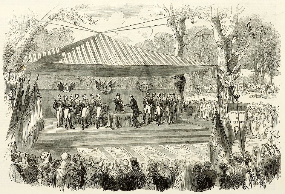 The Emperor distributing the prizes at the Agricultural Exhibition of Bou-Farik, near Algiers. - Antique Print from 1865
