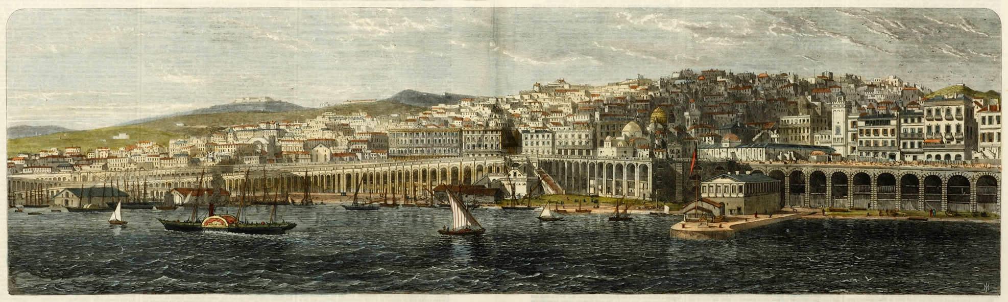 General View of the City of Algiers from the Sea. - Antique Print from 1865