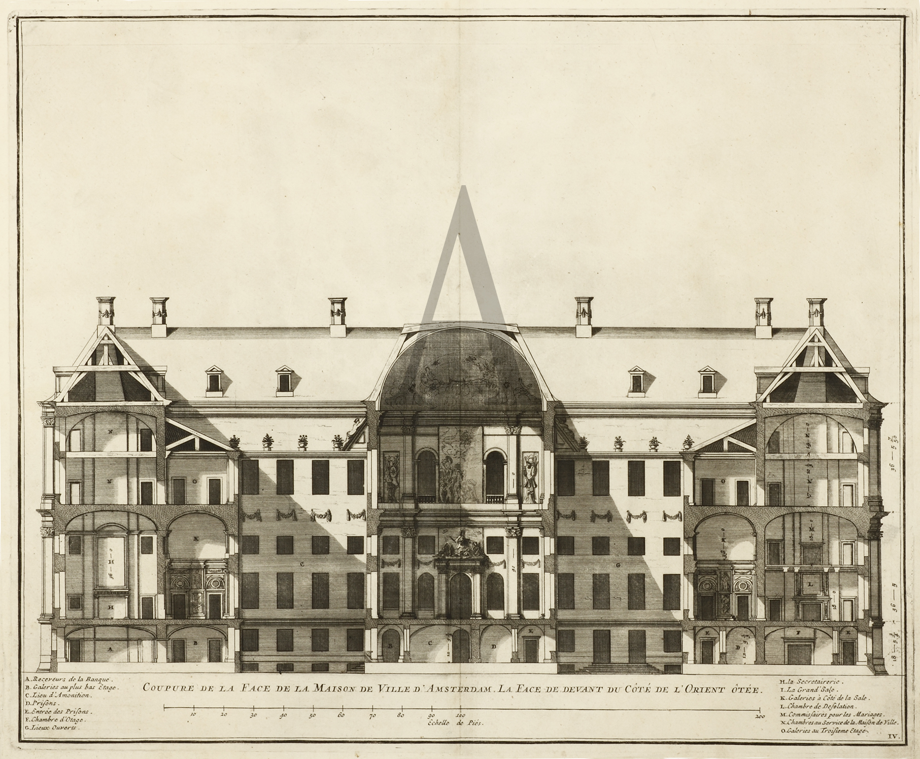 Coupure de la Face de la Maison de Ville D'Amsterdam. La Face de devant de Cote de L'Orient Otee. - Antique Print from 1661
