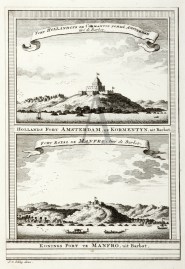Hollands Fort Amsterdam, op Kormentyn, uit Barbot. Konings Fort te Manfro, uit Barbot.[Ghana]