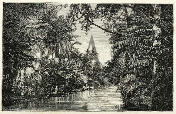 Un canal a Batavia. - Antique Print from 1879
