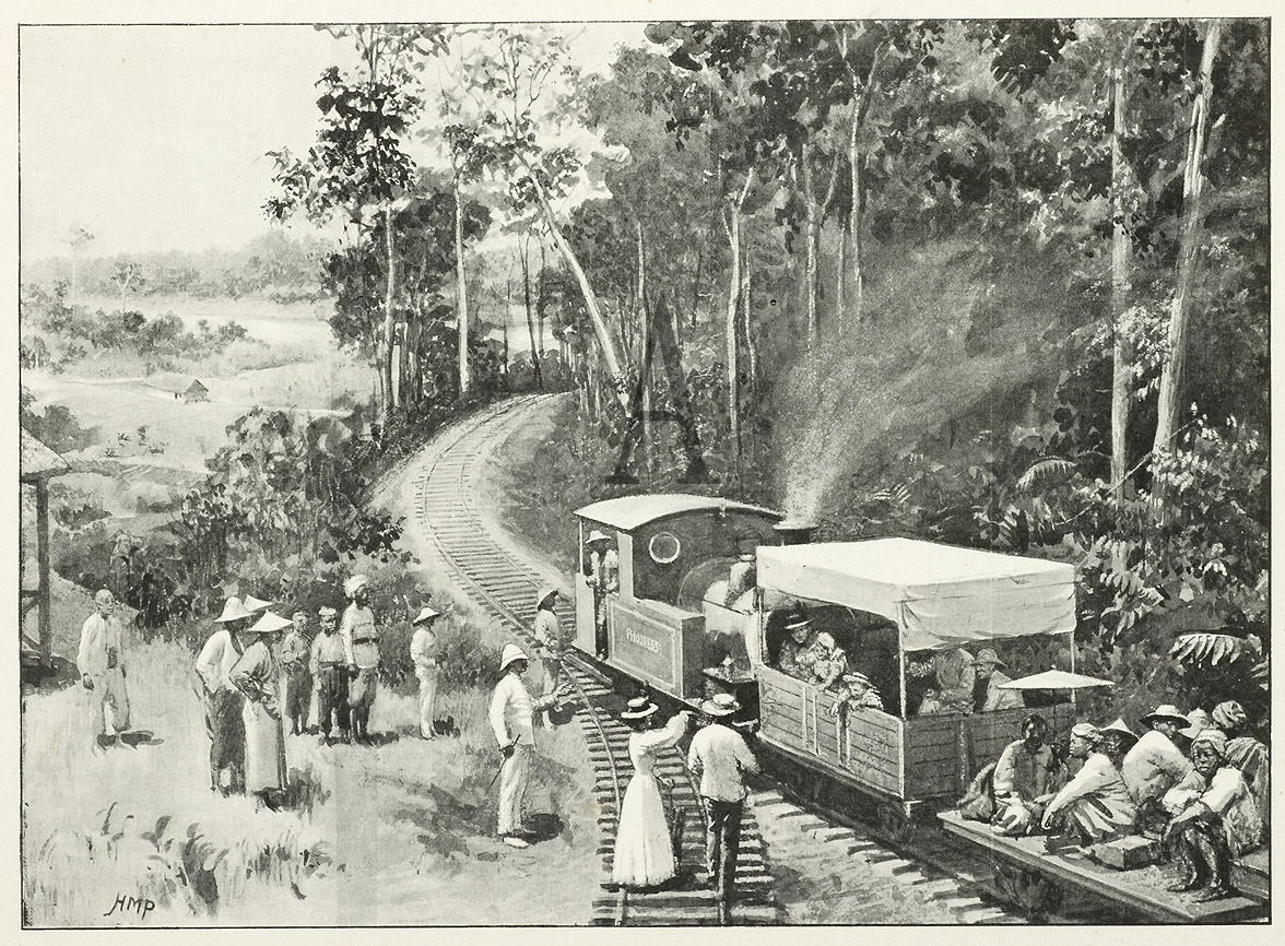 Opening of a New Country: A Wayside Station on the Railway in British North Borneo. - Antique Print from 1899