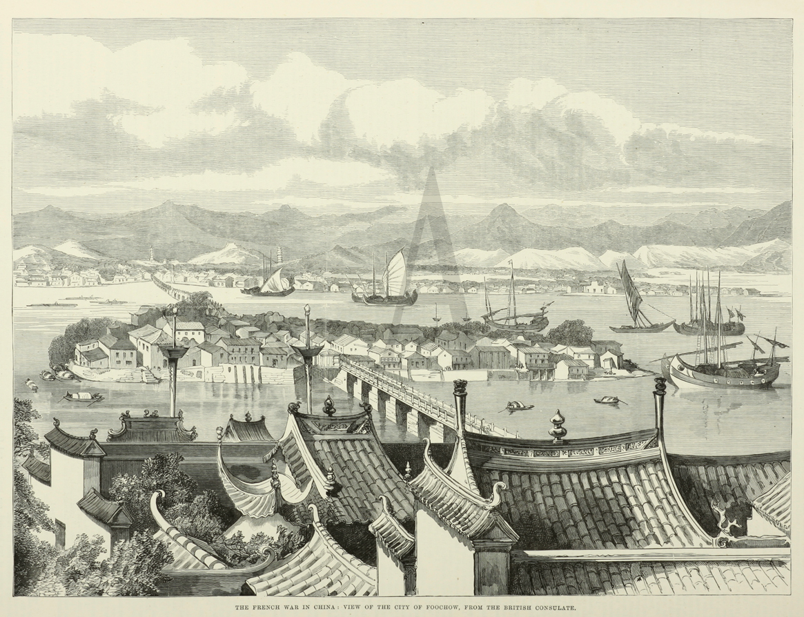 The French War in China: View of the City of Foochow, from the British Consulate. - Antique Print from 1884
