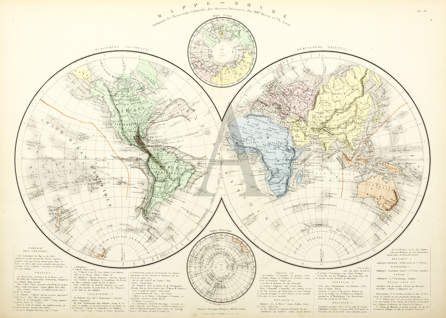 Mappe - Monde - Antique Print from 1872