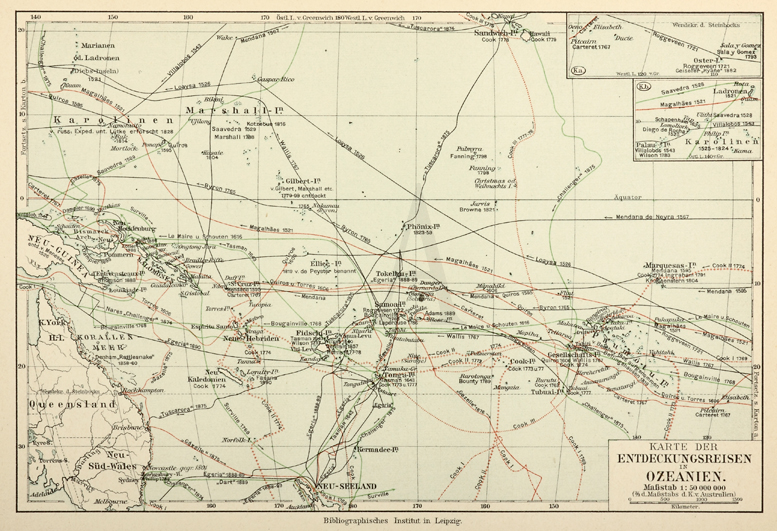 Karte Der Entdeckungsreisen in Ozeanien. - Antique Map from 1895