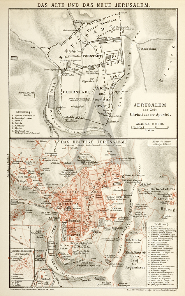 Das Alte und Das Neue Jerusalem. - Antique Map from 1895