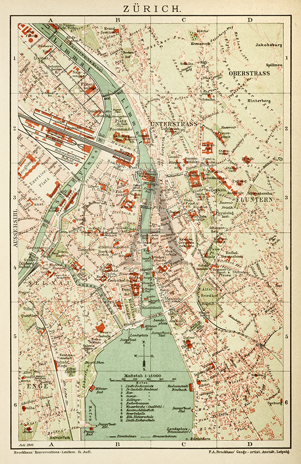 Zurich. - Antique Map from 1913