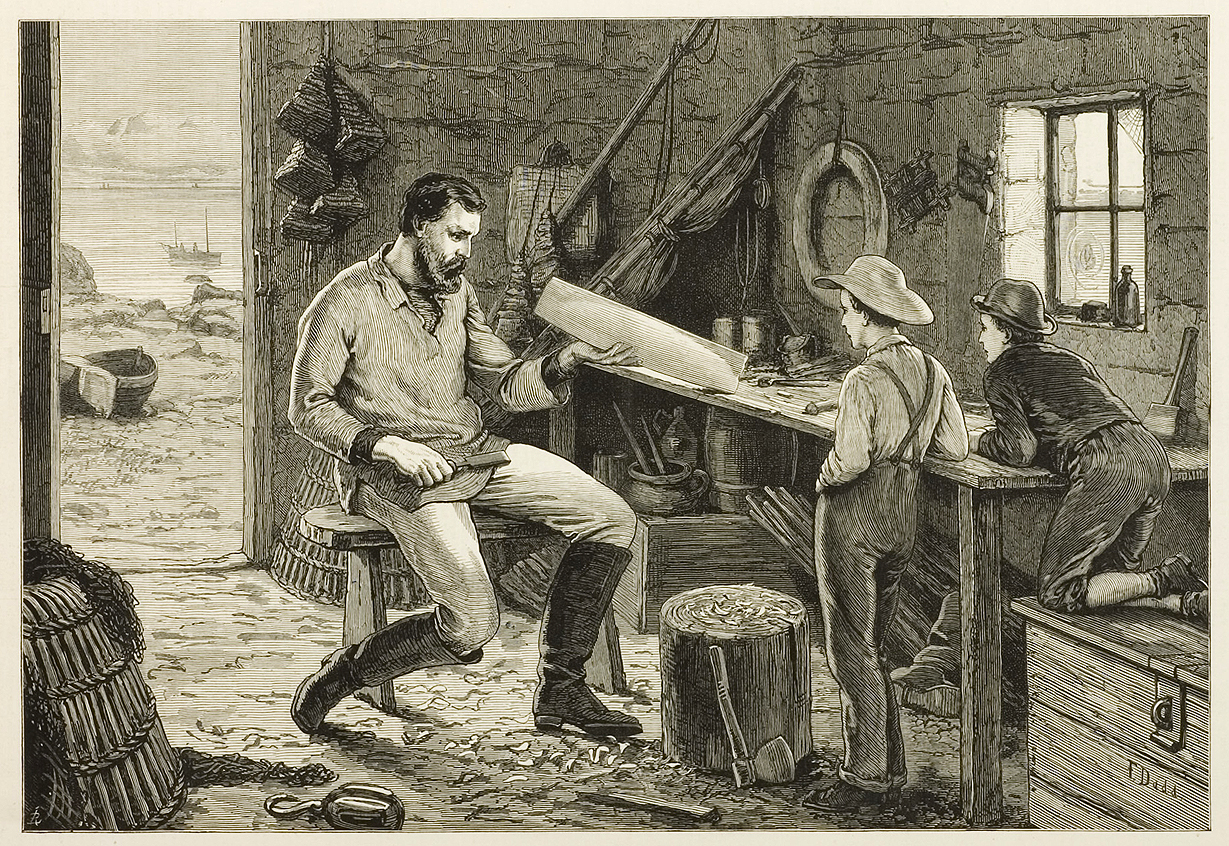 A Lesson in Boat-Building - Antique Print from ?