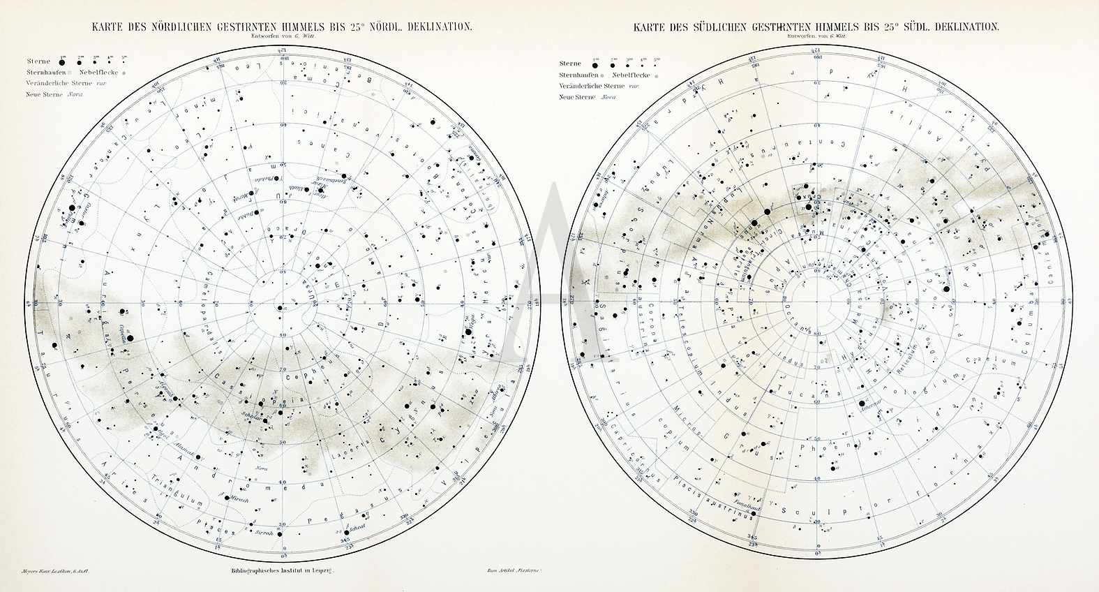 Karte des Nordlichen Gestirnten Himmels bis 25 Nordl. Deklination... - Antique Map from 1895