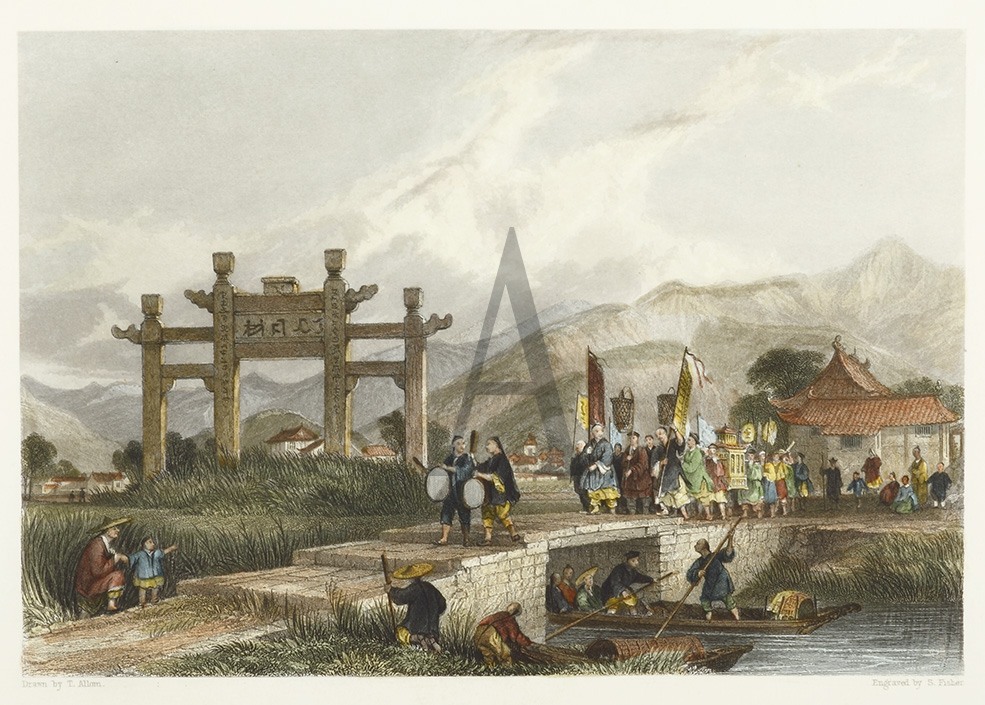 Scene in the Suburbs of Ting-hae - Antique Print from 1845
