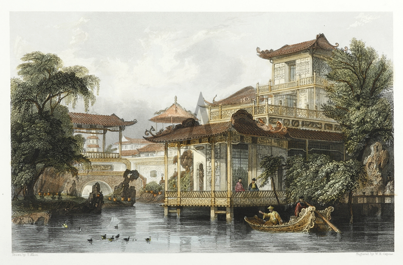 House of a Chinese Merchant, near Canton. - Antique Print from 1845