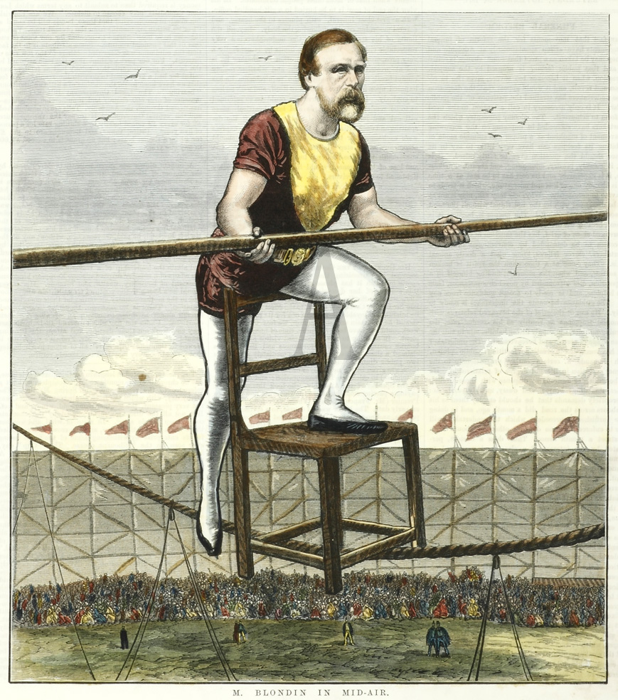 M. Blondin in Mid-Air. - Antique Print from 1874