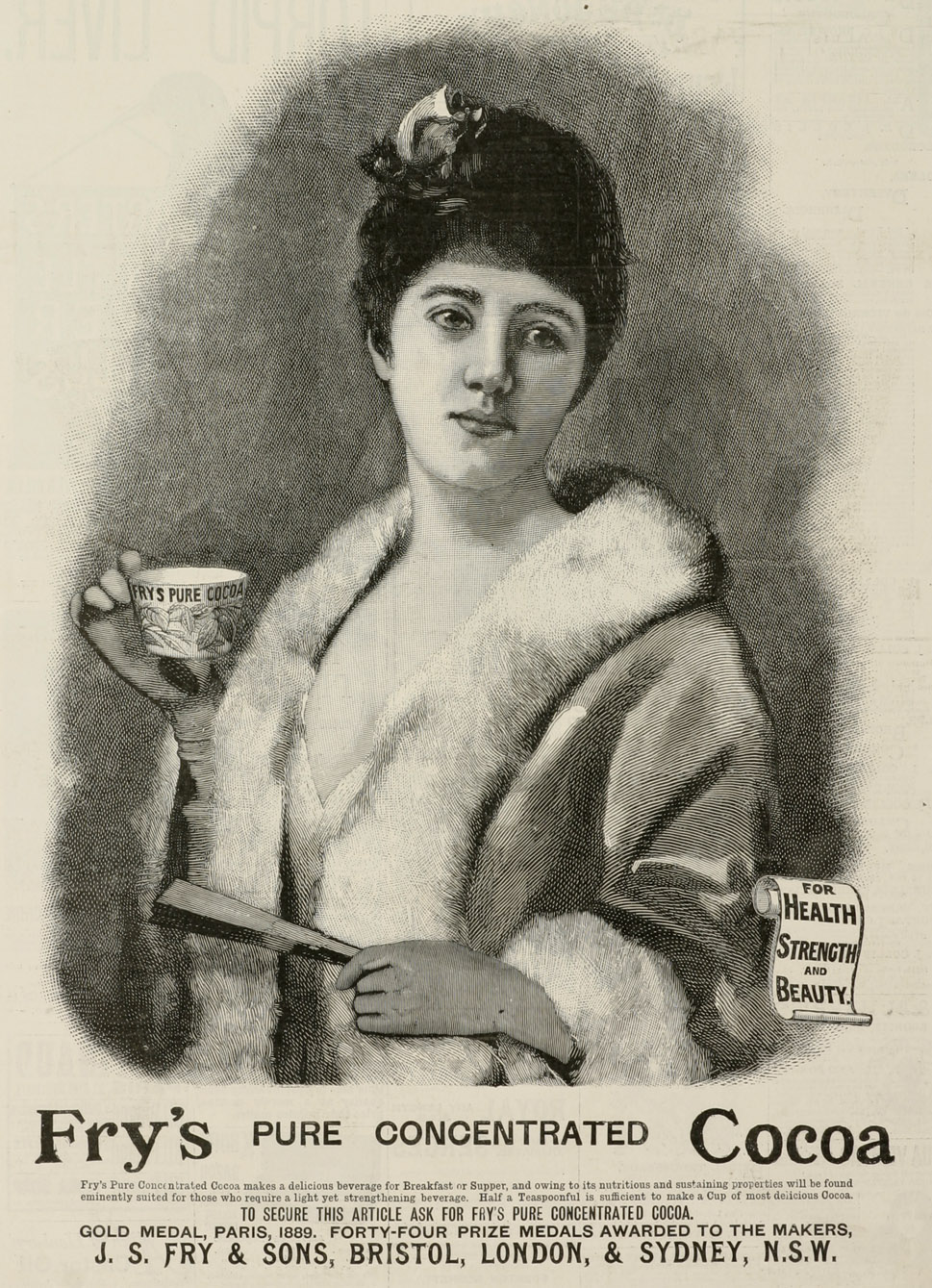 Fry's Pure Concentrated Cocoa - Antique Print from 1890