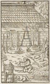 A,B. Two furnaces  C. Forehearth D. Dipping pots. The master stands at the one furnace and draws away the slags with an iron fork. E. Iron fork F. Wooden hoe with which the cakes of melted pyrites are drawn out. G. The forehearth crucible: one half inside