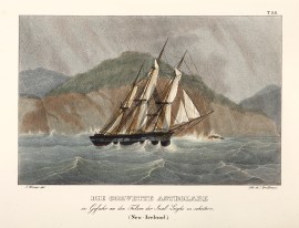 Die Corvette Astrolabe in Gefahr an den Felsen der Insel Leighs zu scheitern (New-Ireland.).