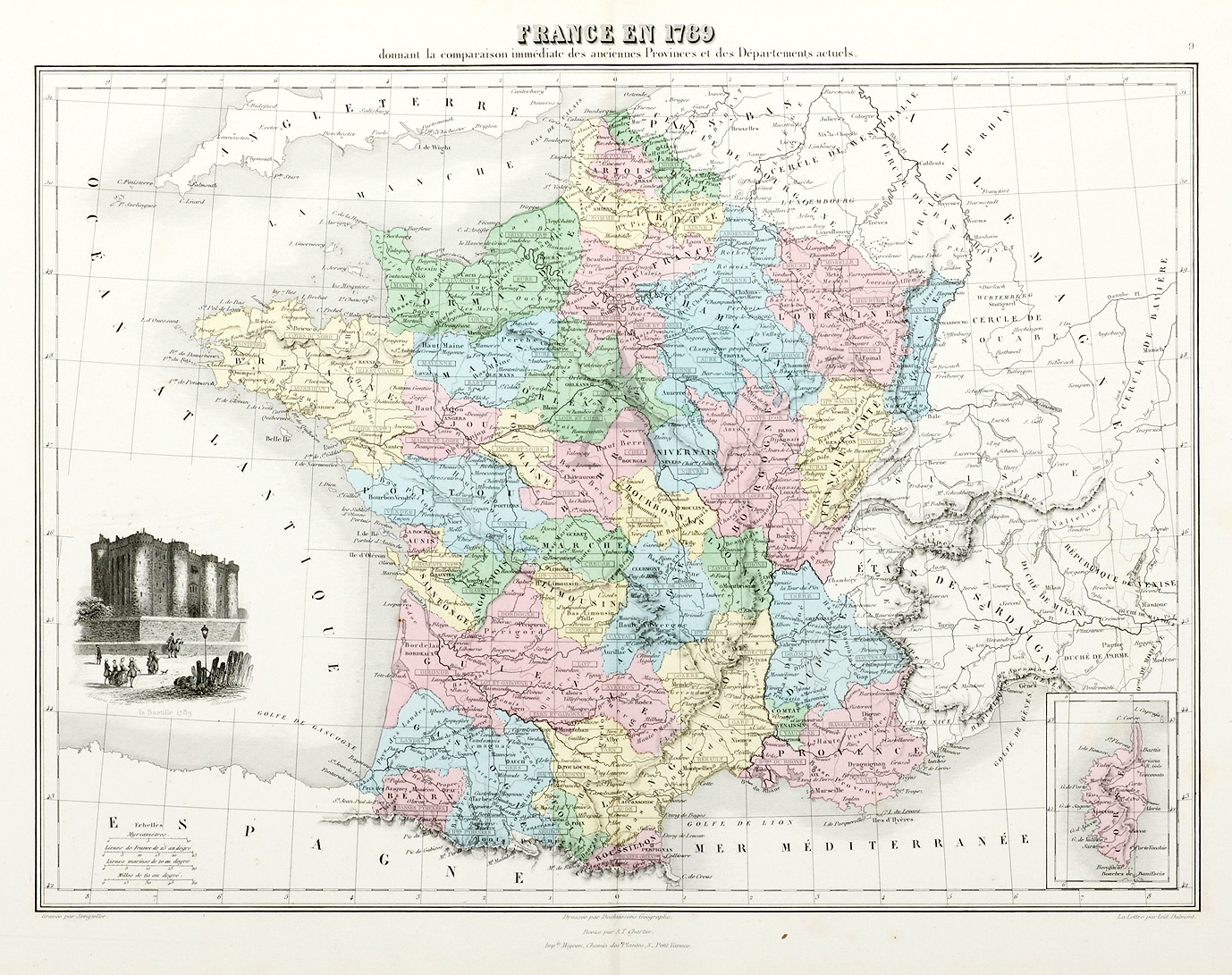 France en 1789 Donnant la Comparaison immediate des Anciennes Provinces et des Departements Actuels - Antique Print from 1882