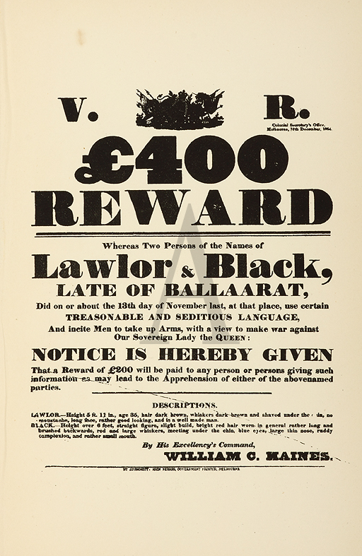 V.R. �400 Reward Whereas Two Persons of the Names of Lawlor & Black, Late of Ballaarat.... - Antique Print from 1887