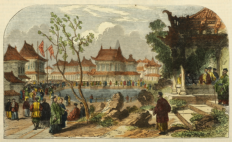 Pleasure Tea Gardens in the City of Shanghai, China. - Antique Print from 1868